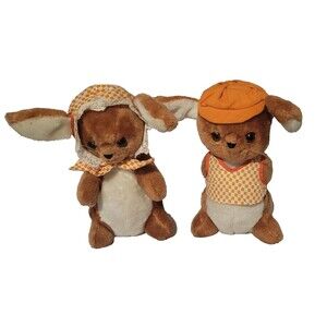 Vintage 1976 Dakin and Co Boy and Girl Stuffed Bunny Plush Orange Clothes RARE